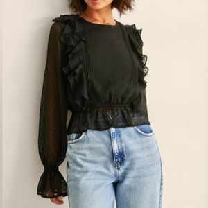 Na-kd Dobby Frill Blouse Black Polka Dot Ruffle Top Size Medium